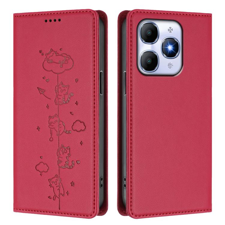For itel A90 4G Cute Cats Embossed Magnetic RFID Vegan Leather Phone Case