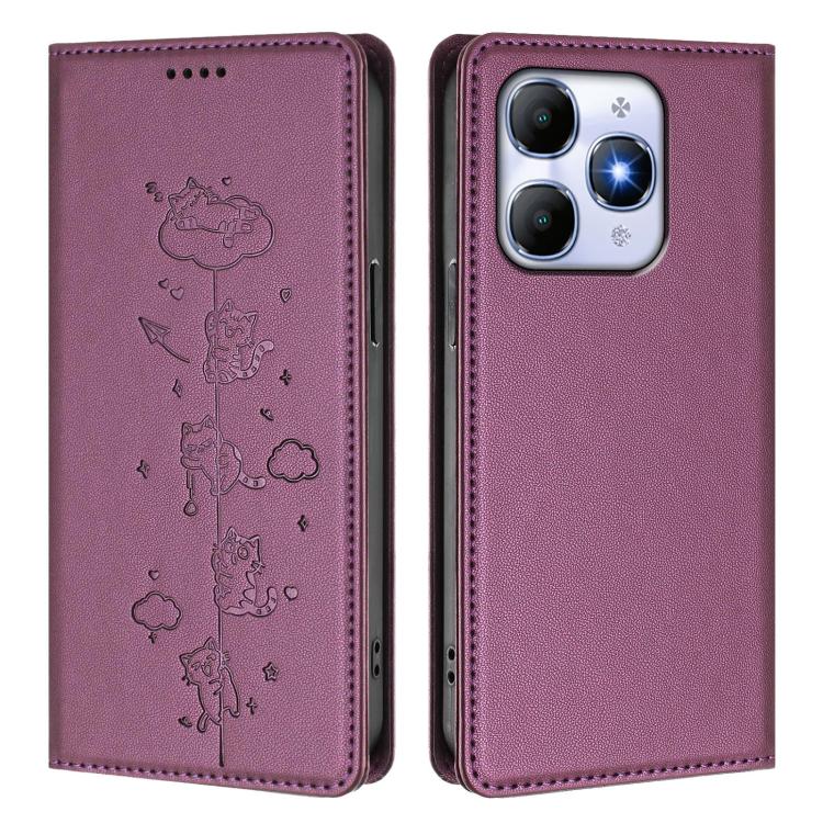 For itel A90 4G Cute Cats Embossed Magnetic RFID Vegan Leather Phone Case
