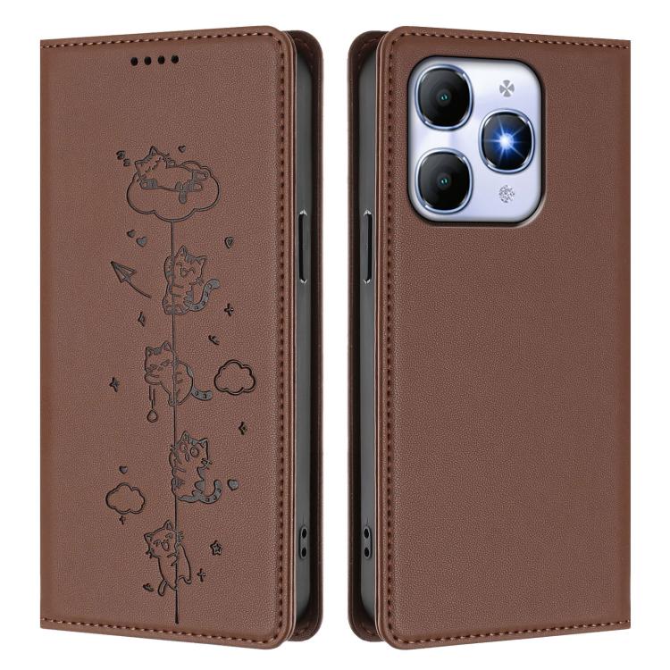 For itel A90 4G Cute Cats Embossed Magnetic RFID Vegan Leather Phone Case