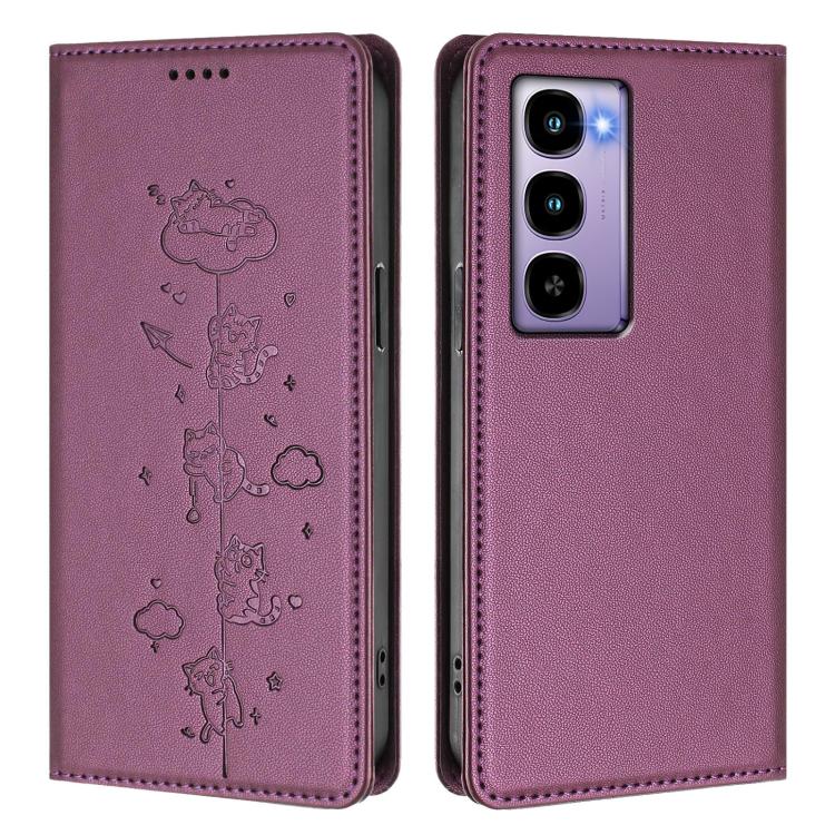 For itel City 100 Cute Cats Embossed Magnetic RFID Vegan Leather Phone Case