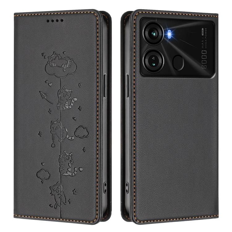 For itel P40 Cute Cats Embossed Magnetic RFID Vegan Leather Phone Case