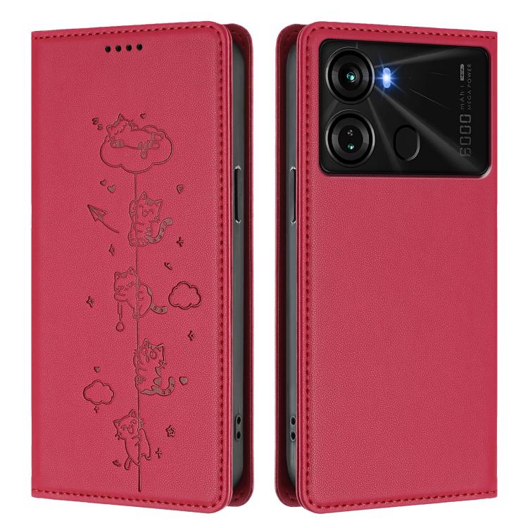For itel P40 Cute Cats Embossed Magnetic RFID Vegan Leather Phone Case
