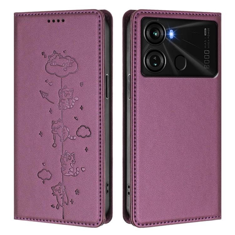 For itel P40 Cute Cats Embossed Magnetic RFID Vegan Leather Phone Case