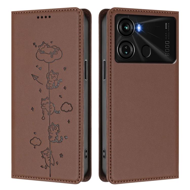 For itel P40 Cute Cats Embossed Magnetic RFID Vegan Leather Phone Case