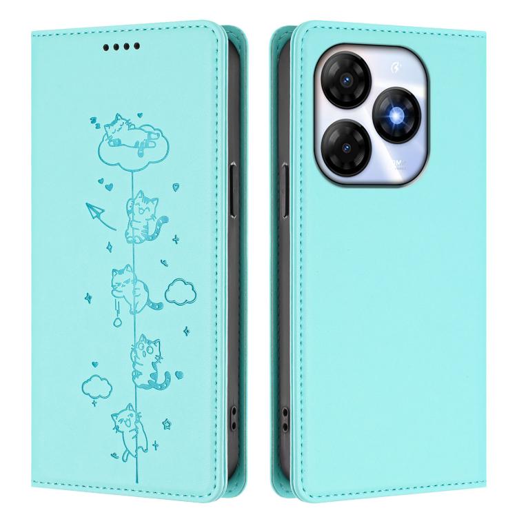 For itel P55 4G Cute Cats Embossed Magnetic RFID Vegan Leather Phone Case