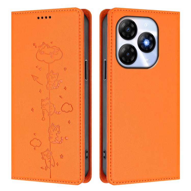 For itel P55 4G Cute Cats Embossed Magnetic RFID Vegan Leather Phone Case