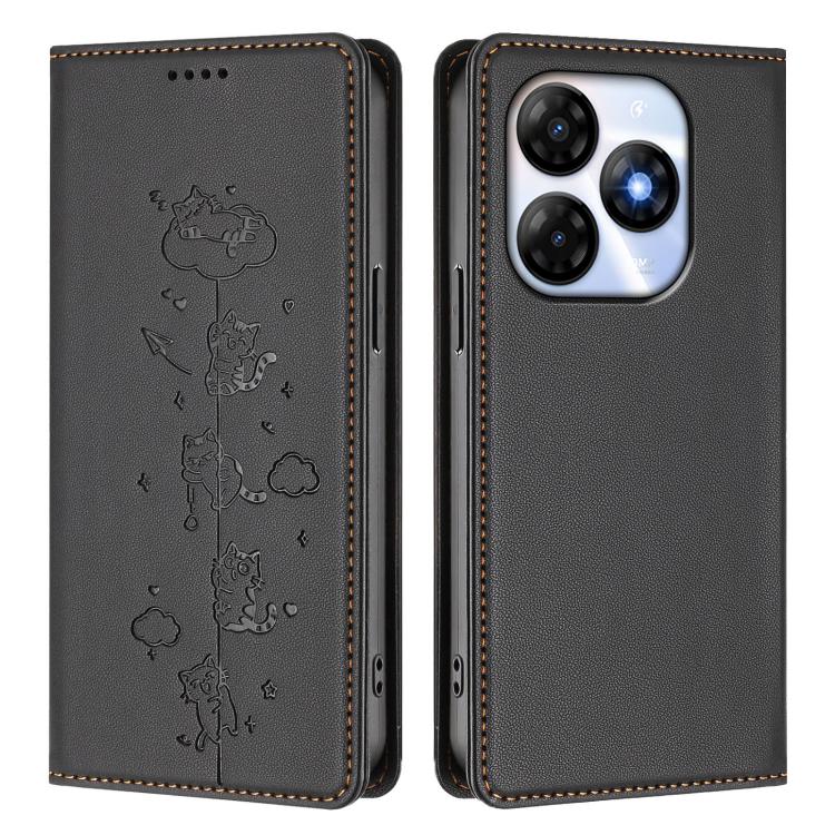 For itel P55 4G Cute Cats Embossed Magnetic RFID Vegan Leather Phone Case