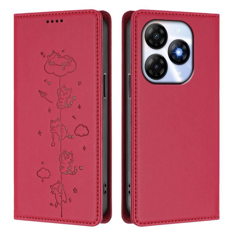 For itel P55 4G Cute Cats Embossed Magnetic RFID Vegan Leather Phone Case
