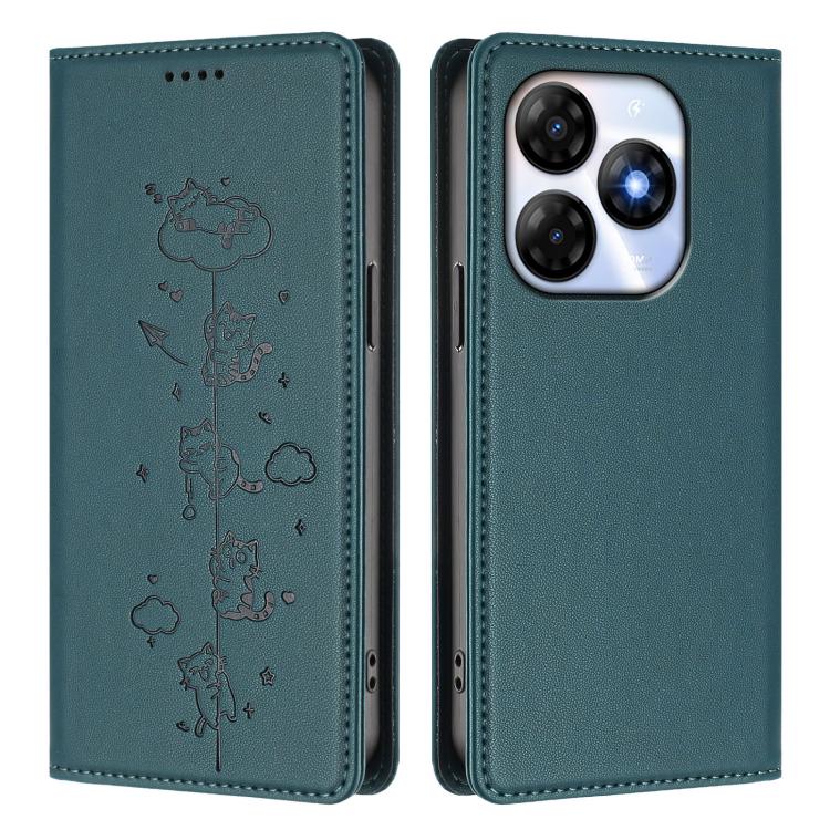 For itel P55 4G Cute Cats Embossed Magnetic RFID Vegan Leather Phone Case