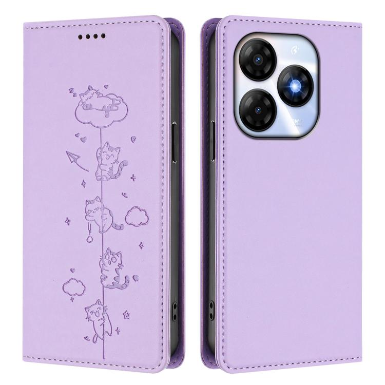 For itel P55 4G Cute Cats Embossed Magnetic RFID Vegan Leather Phone Case
