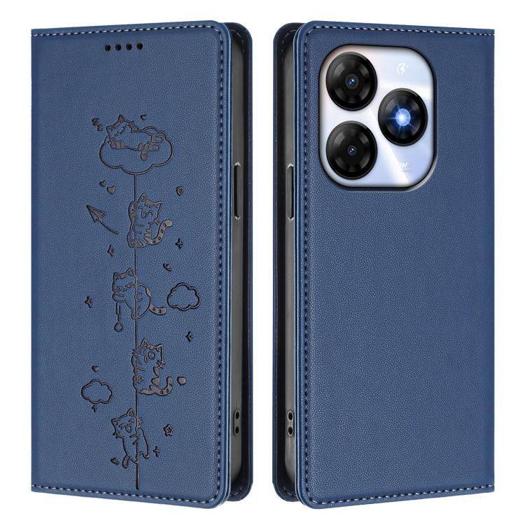 For itel P55 4G Cute Cats Embossed Magnetic RFID Vegan Leather Phone Case