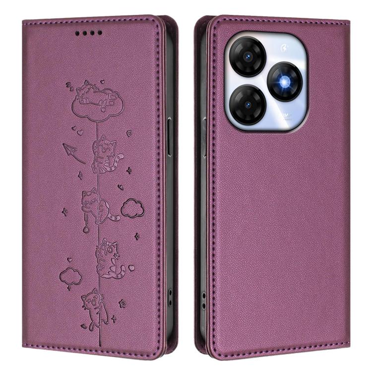 For itel P55 4G Cute Cats Embossed Magnetic RFID Vegan Leather Phone Case
