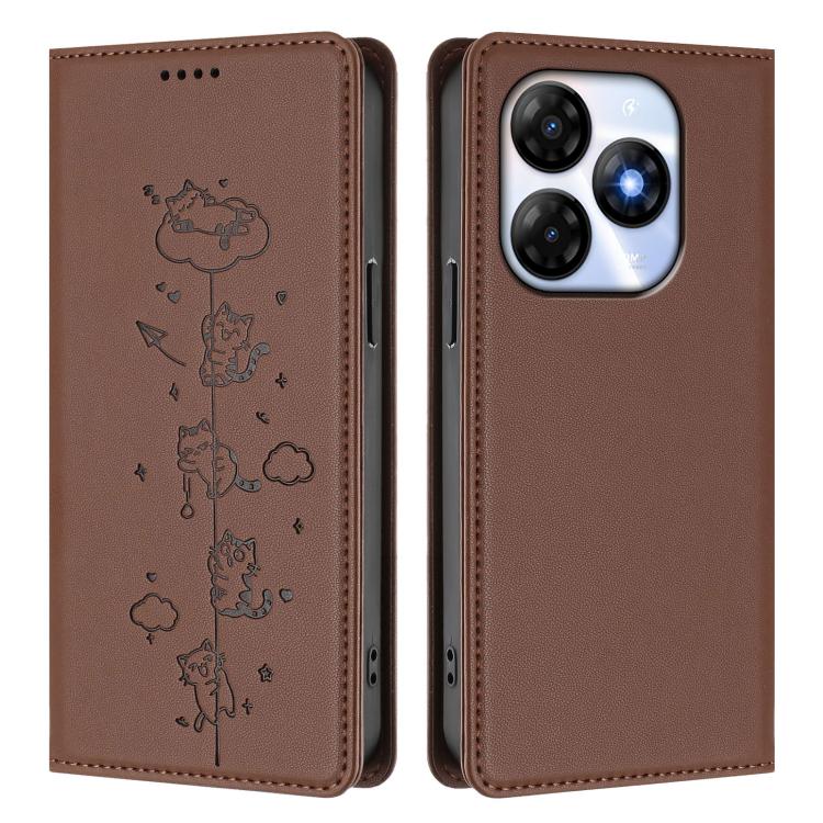 For itel P55 4G Cute Cats Embossed Magnetic RFID Vegan Leather Phone Case