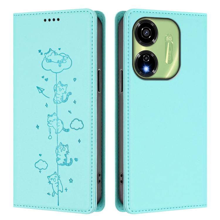 For itel P55 5G Cute Cats Embossed Magnetic RFID Vegan Leather Phone Case
