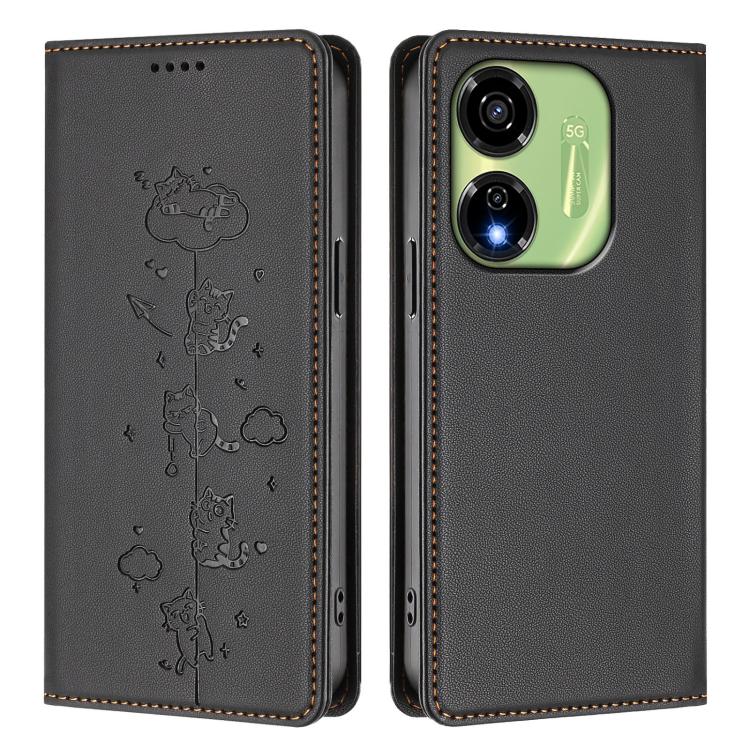 For itel P55 5G Cute Cats Embossed Magnetic RFID Vegan Leather Phone Case