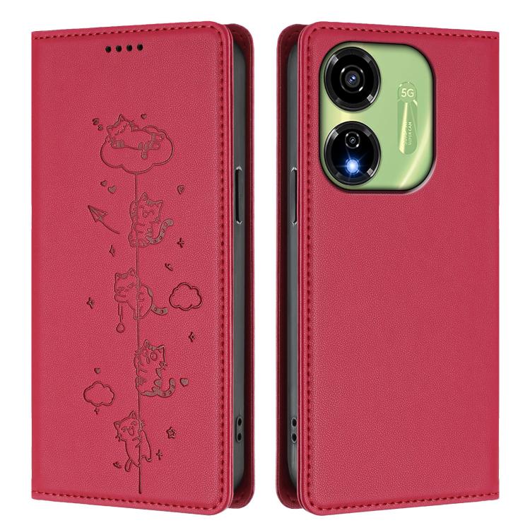 For itel P55 5G Cute Cats Embossed Magnetic RFID Vegan Leather Phone Case