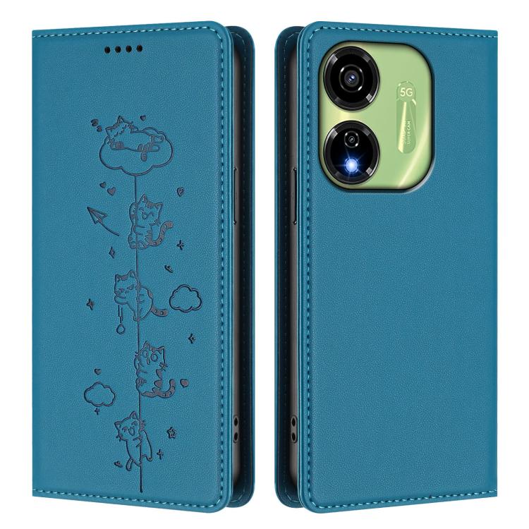 For itel P55 5G Cute Cats Embossed Magnetic RFID Vegan Leather Phone Case