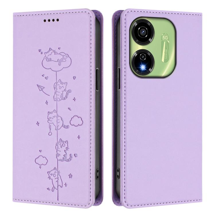 For itel P55 5G Cute Cats Embossed Magnetic RFID Vegan Leather Phone Case