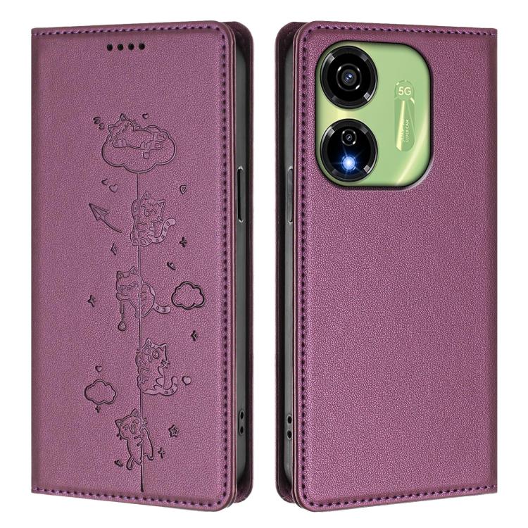 For itel P55 5G Cute Cats Embossed Magnetic RFID Vegan Leather Phone Case