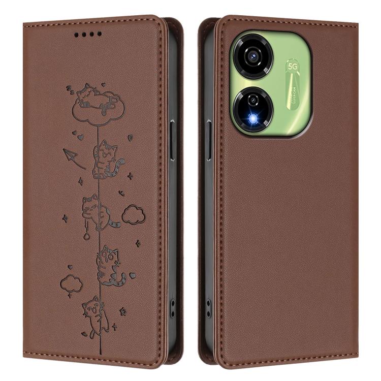 For itel P55 5G Cute Cats Embossed Magnetic RFID Vegan Leather Phone Case