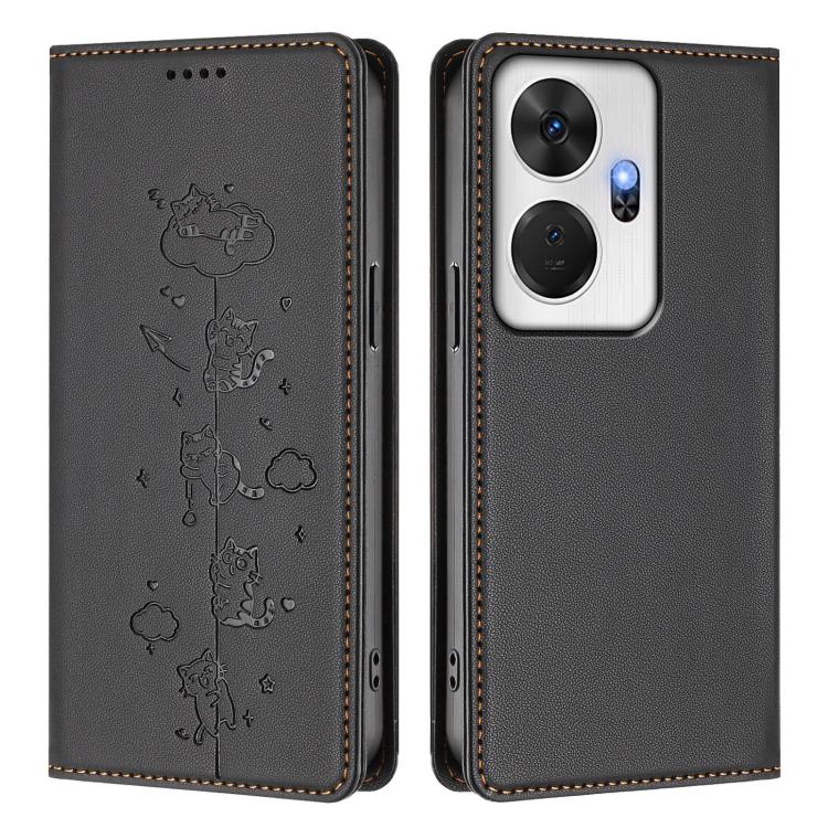 For itel P55+ Cute Cats Embossed Magnetic RFID Vegan Leather Phone Case