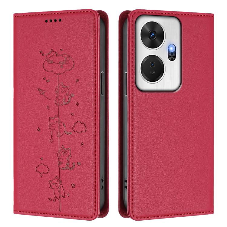 For itel P55+ Cute Cats Embossed Magnetic RFID Vegan Leather Phone Case