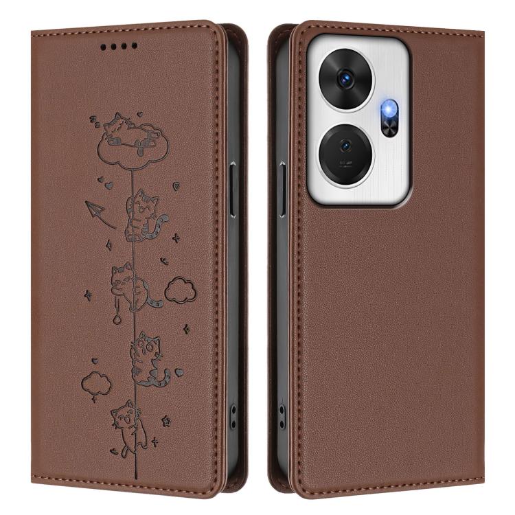 For itel P55+ Cute Cats Embossed Magnetic RFID Vegan Leather Phone Case