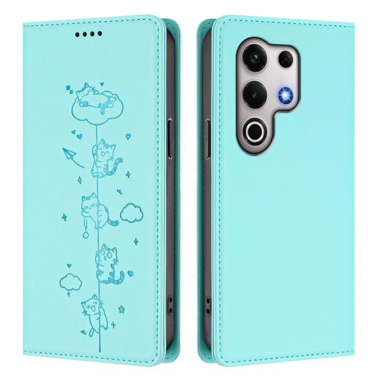 For itel S25 Ultra Cute Cats Embossed Magnetic RFID Vegan Leather Phone Case