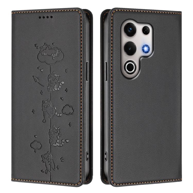 For itel S25 Ultra Cute Cats Embossed Magnetic RFID Vegan Leather Phone Case
