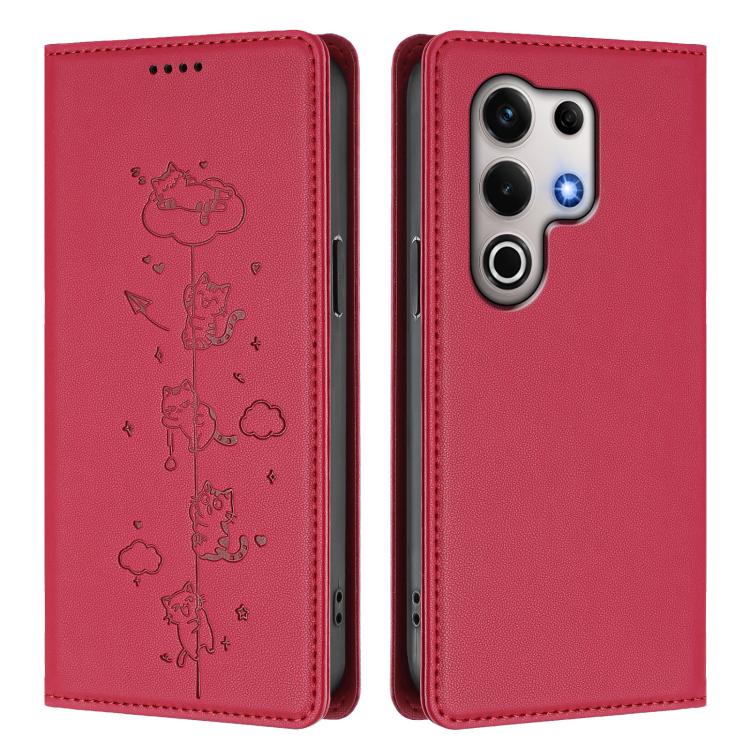 For itel S25 Ultra Cute Cats Embossed Magnetic RFID Vegan Leather Phone Case
