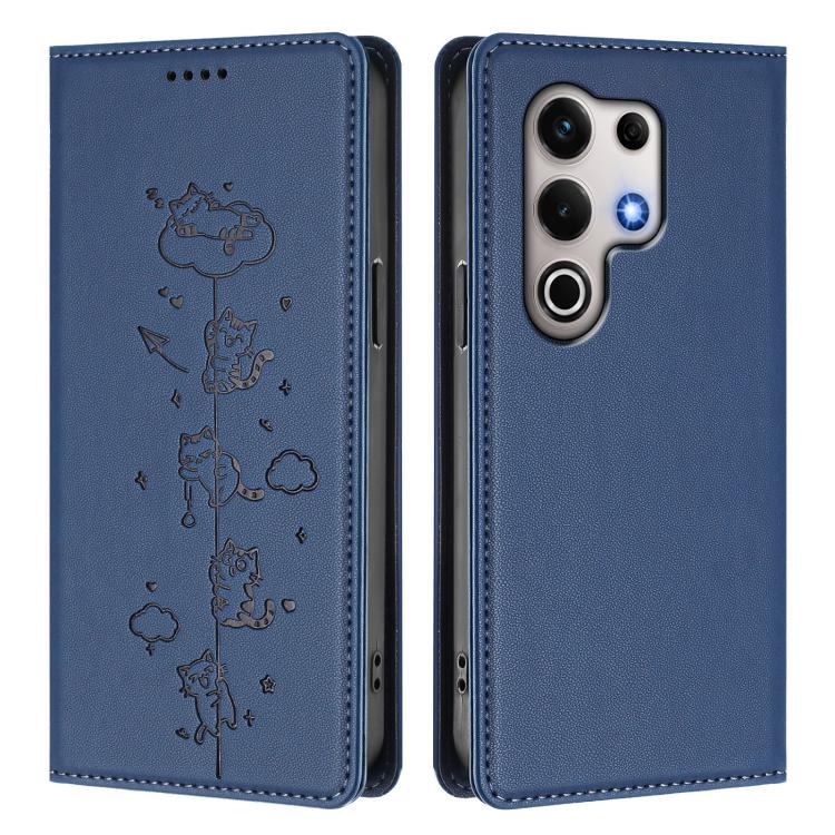 For itel S25 Ultra Cute Cats Embossed Magnetic RFID Vegan Leather Phone Case