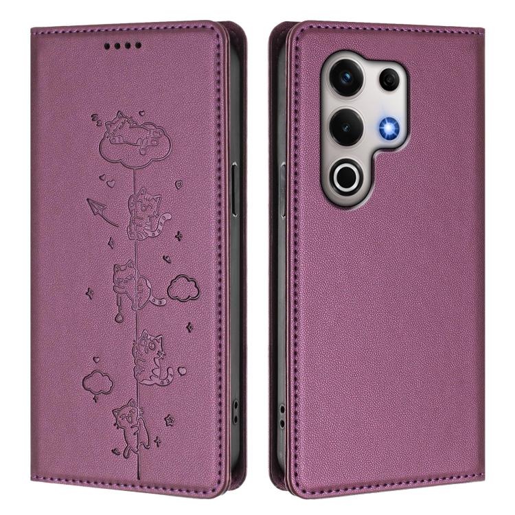For itel S25 Ultra Cute Cats Embossed Magnetic RFID Vegan Leather Phone Case