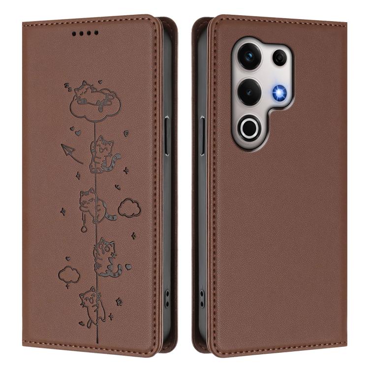 For itel S25 Ultra Cute Cats Embossed Magnetic RFID Vegan Leather Phone Case