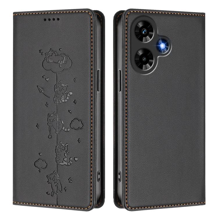 For Infinix Hot 30 4G Cute Cats Embossed Magnetic RFID Vegan Leather Phone Case