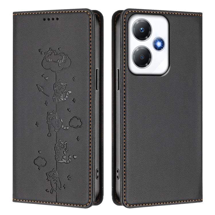 For Infinix Hot 30 Play / NFC Cute Cats Embossed Magnetic RFID Vegan Leather Phone Case