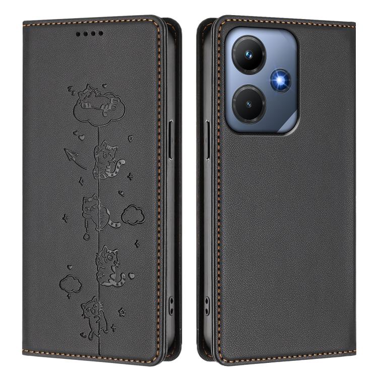 For Infinix Hot 30i Cute Cats Embossed Magnetic RFID Vegan Leather Phone Case