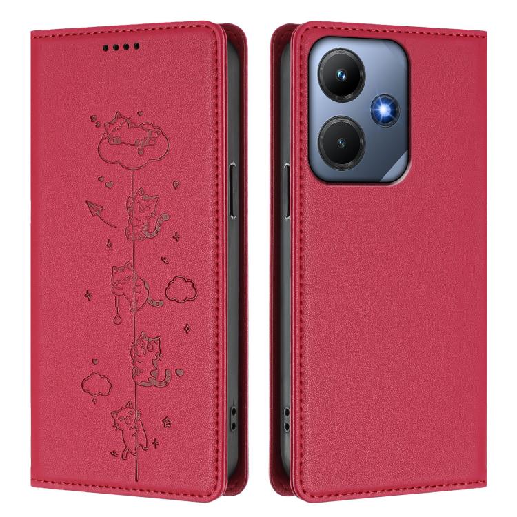 For Infinix Hot 30i Cute Cats Embossed Magnetic RFID Vegan Leather Phone Case