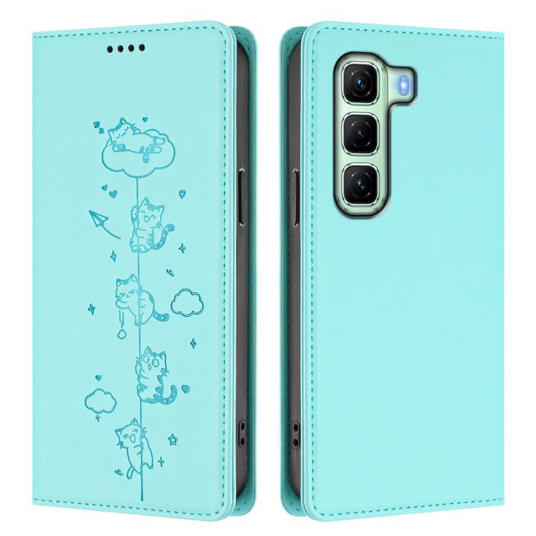 For Infinix Hot 50 4G Cute Cats Embossed Magnetic RFID Vegan Leather Phone Case