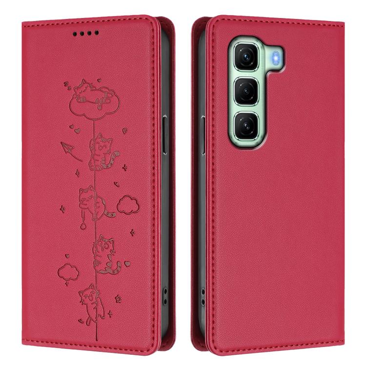 For Infinix Hot 50 4G Cute Cats Embossed Magnetic RFID Vegan Leather Phone Case