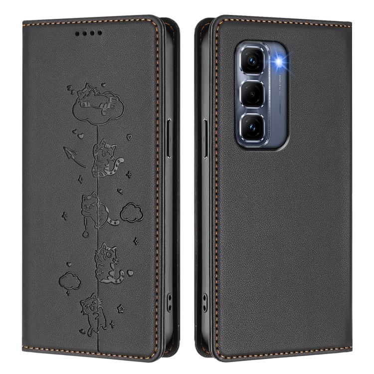 For Infinix Hot 50 Pro+ 4G Cute Cats Embossed Magnetic RFID Vegan Leather Phone Case