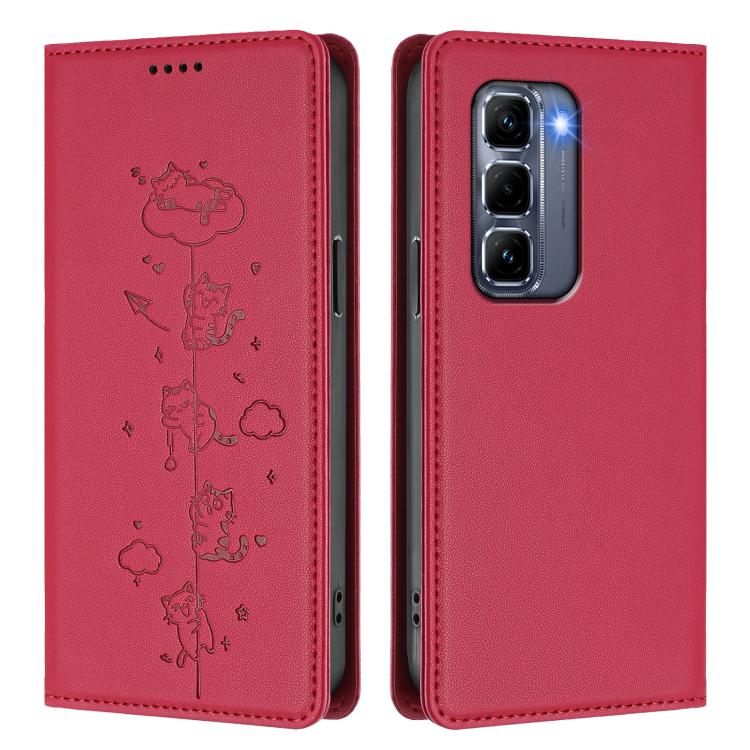 For Infinix Hot 50 Pro+ 4G Cute Cats Embossed Magnetic RFID Vegan Leather Phone Case