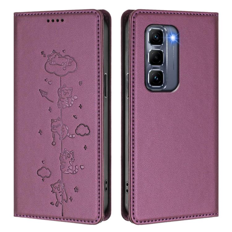 For Infinix Hot 50 Pro+ 4G Cute Cats Embossed Magnetic RFID Vegan Leather Phone Case