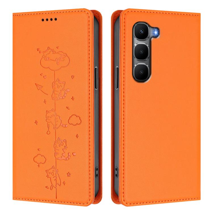 For Infinix Hot 60 4G / 60i 4G Cute Cats Embossed Magnetic RFID Vegan Leather Phone Case