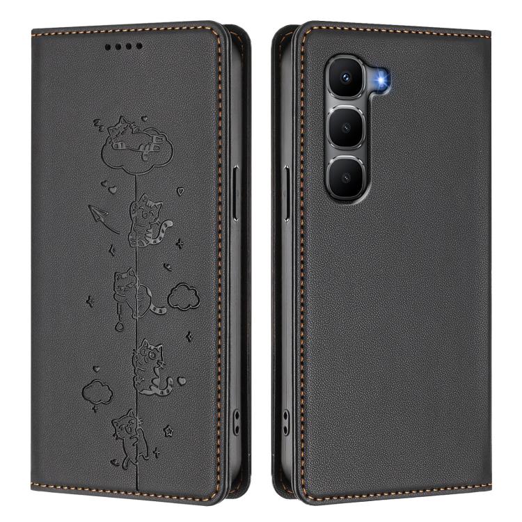 For Infinix Hot 60 4G / 60i 4G Cute Cats Embossed Magnetic RFID Vegan Leather Phone Case