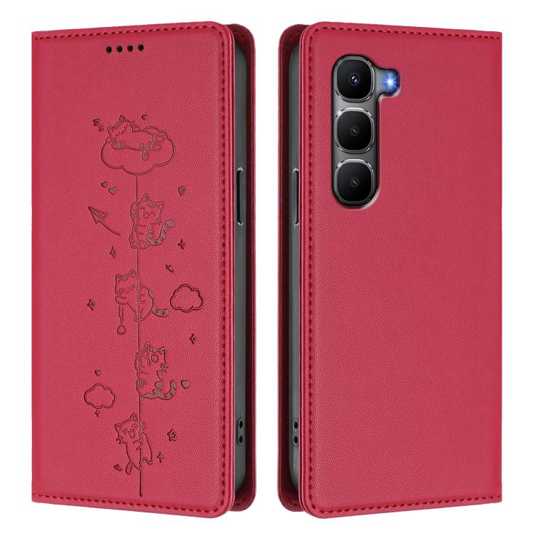 For Infinix Hot 60 4G / 60i 4G Cute Cats Embossed Magnetic RFID Vegan Leather Phone Case