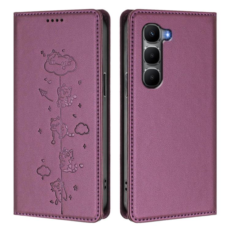 For Infinix Hot 60 4G / 60i 4G Cute Cats Embossed Magnetic RFID Vegan Leather Phone Case
