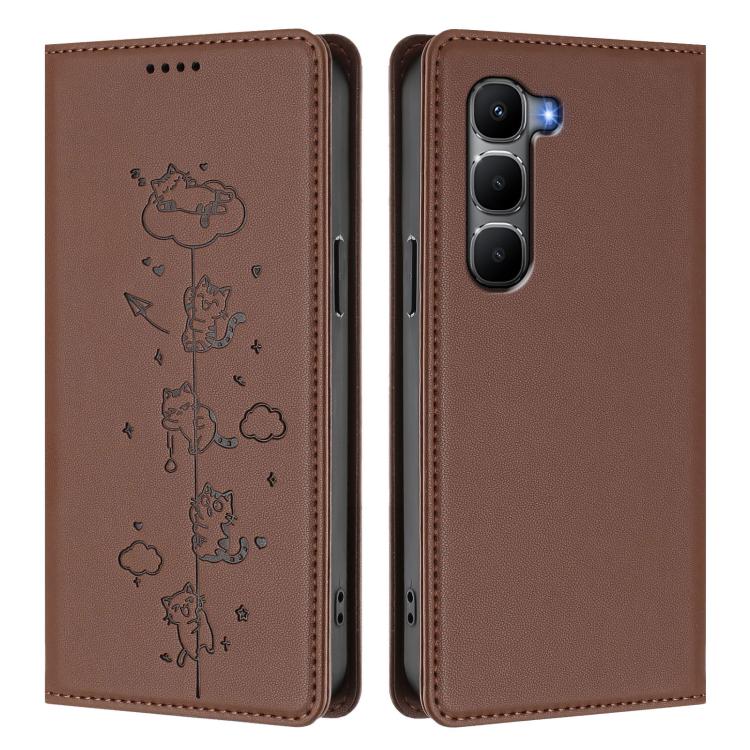 For Infinix Hot 60 4G / 60i 4G Cute Cats Embossed Magnetic RFID Vegan Leather Phone Case