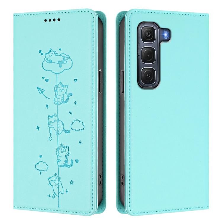 For Infinix Hot 60 Pro 4G Cute Cats Embossed Magnetic RFID Vegan Leather Phone Case