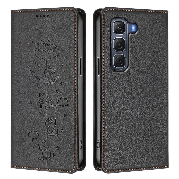 For Infinix Hot 60 Pro 4G Cute Cats Embossed Magnetic RFID Vegan Leather Phone Case