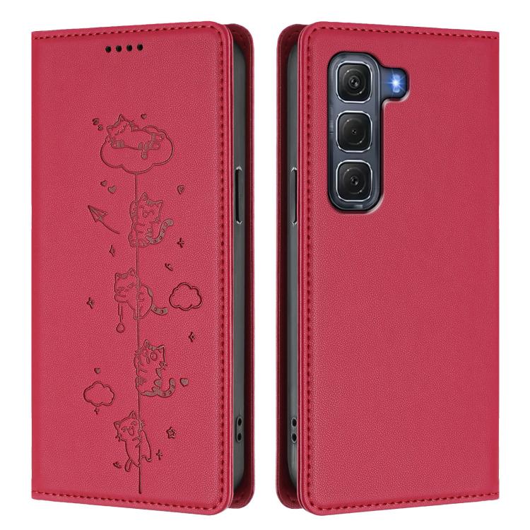 For Infinix Hot 60 Pro 4G Cute Cats Embossed Magnetic RFID Vegan Leather Phone Case